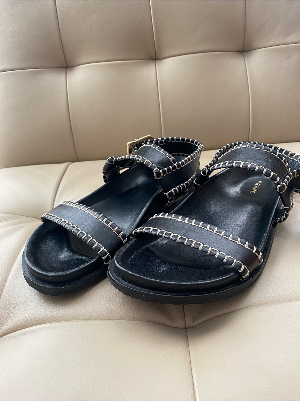Frame Denim Black Leather Whipstitch Sandal with Gold Buckle